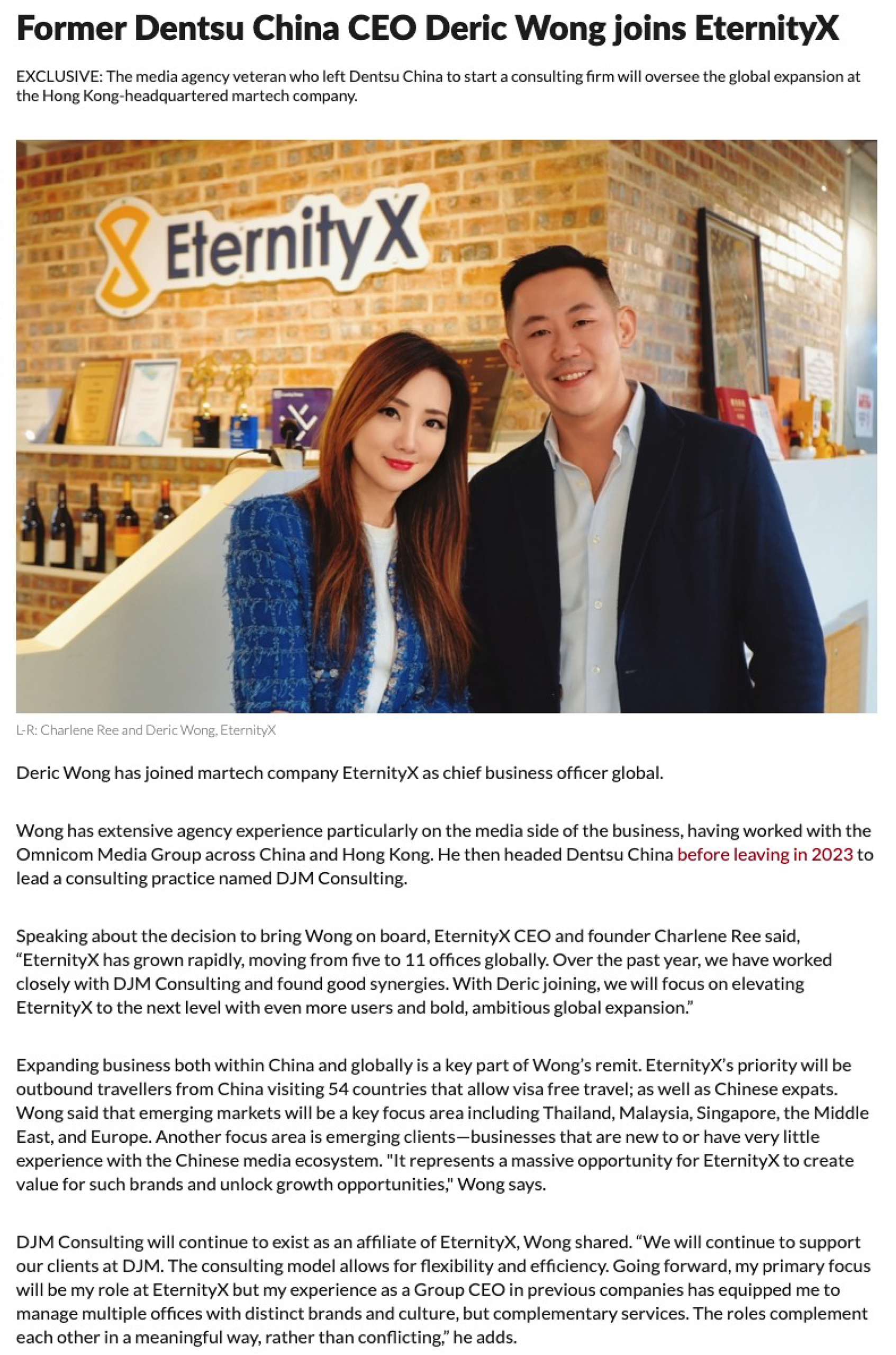 Former Dentsu China CEO Deric Wong joins EternityX